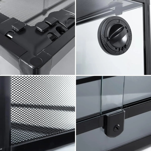 Close-up details of reptile terrarium with mesh top, locking latch, and adjustable vent.