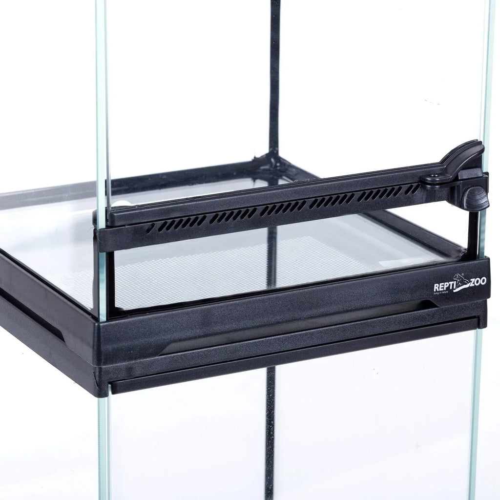 Glass reptile terrarium with front ventilation and secure locking mechanism