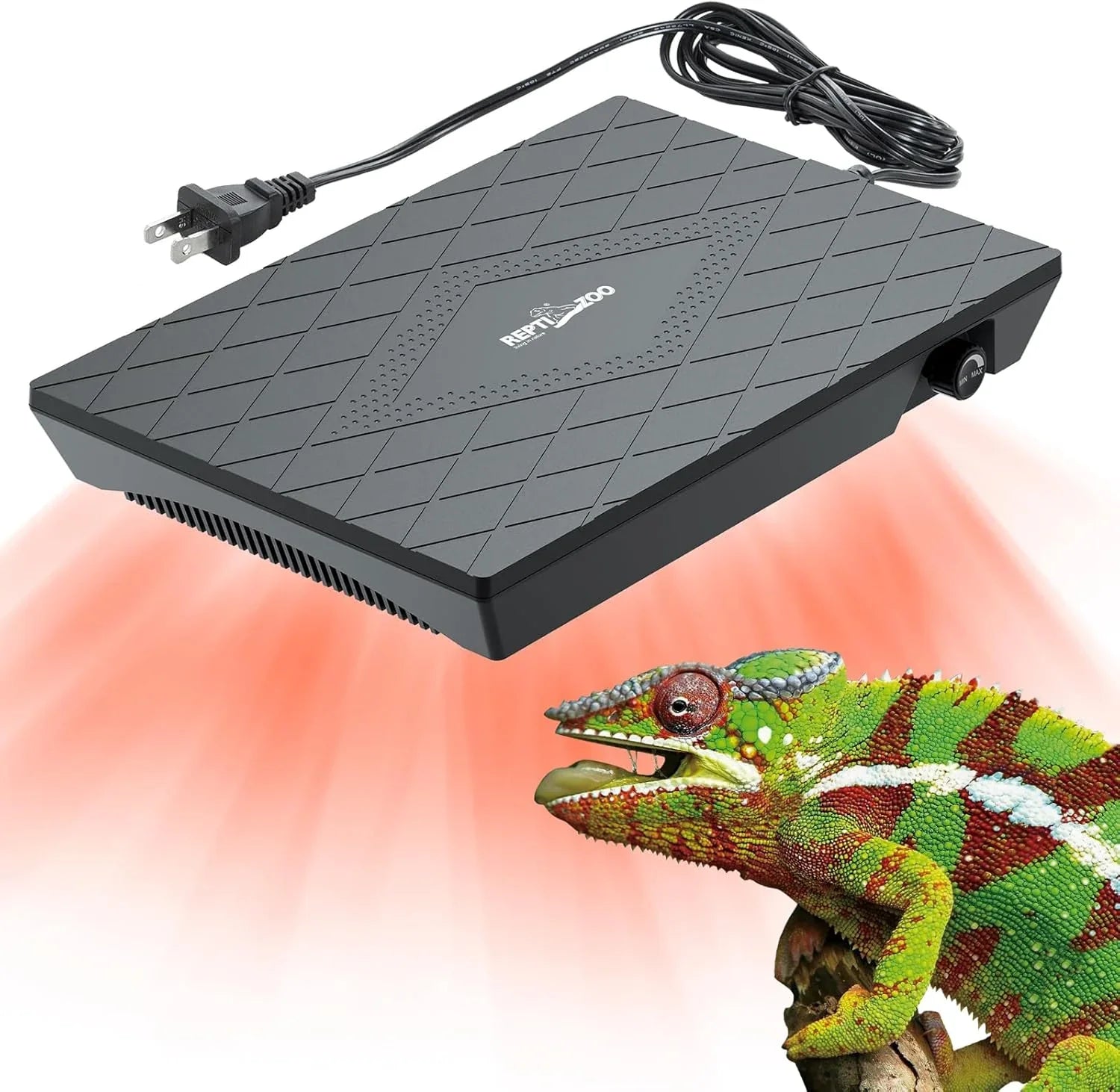 Reptile tank heat lamp with power cord emitting red light over a colorful chameleon