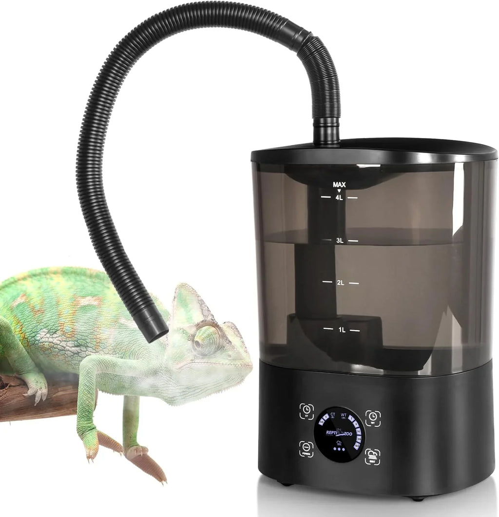 Reptile terrarium humidifier with digital control, black flexible hose, and chameleon
