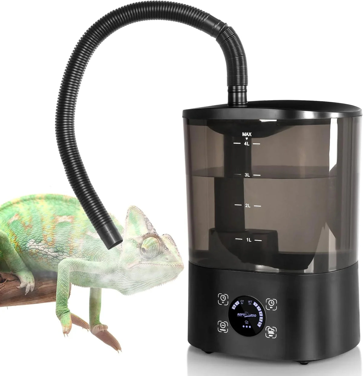 Reptile terrarium humidifier with digital control, black flexible hose, and chameleon
