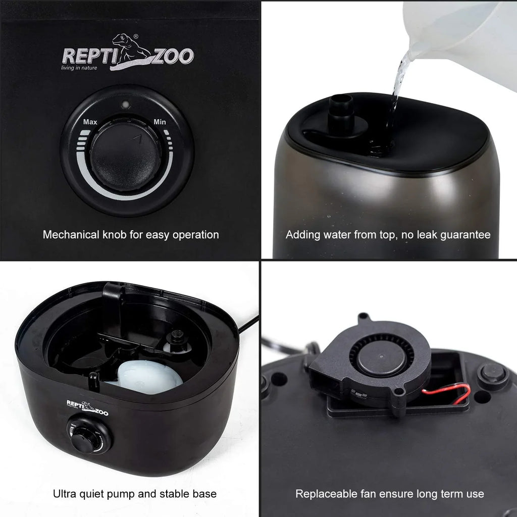 Reptile humidifier with mechanical knob, top-fill water tank, quiet pump, and replaceable fan