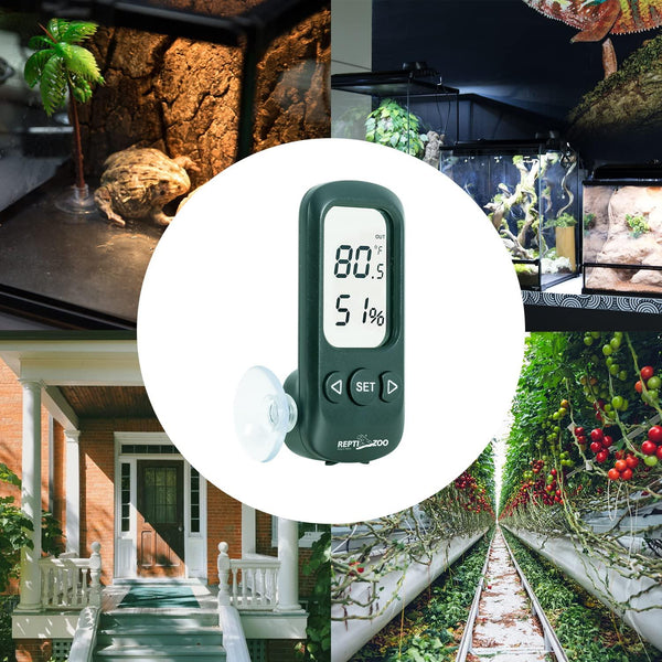 Digital reptile thermometer hygrometer with suction cup, displaying temperature and humidity for terrariums, greenhouses, and home use.