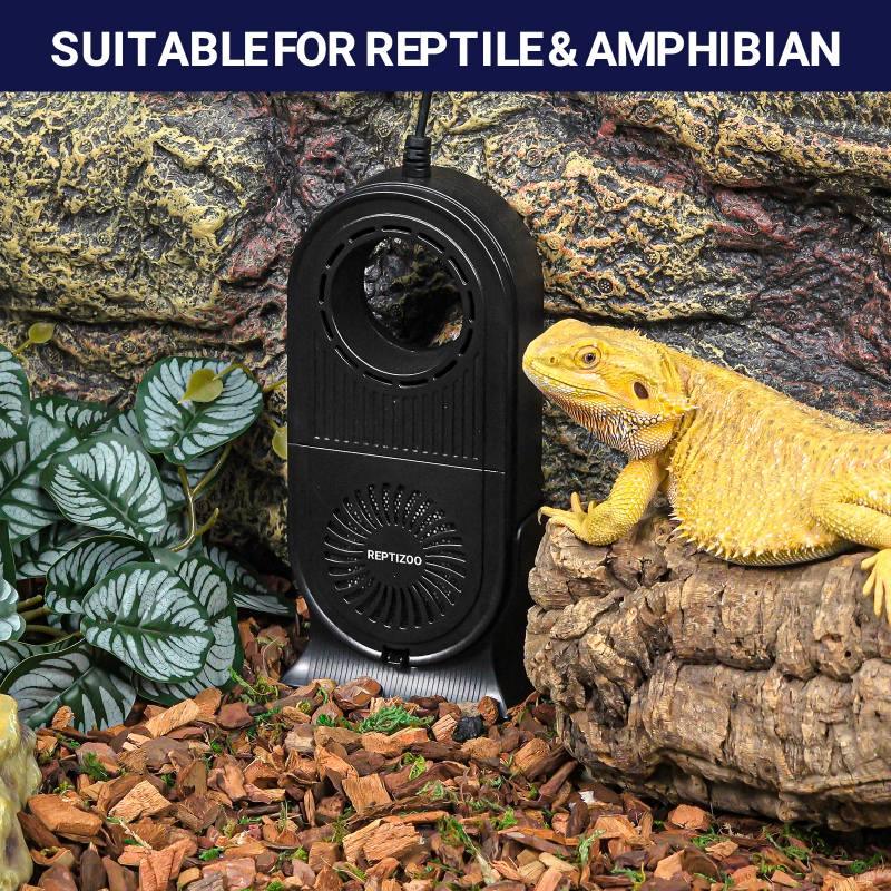 Reptile terrarium cooling fan with bearded dragon on log, artificial plants and bark substrate