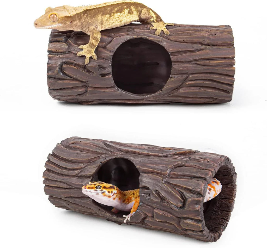 Reptile hides in realistic log terrarium decor with gecko and lizard for reptile habitat