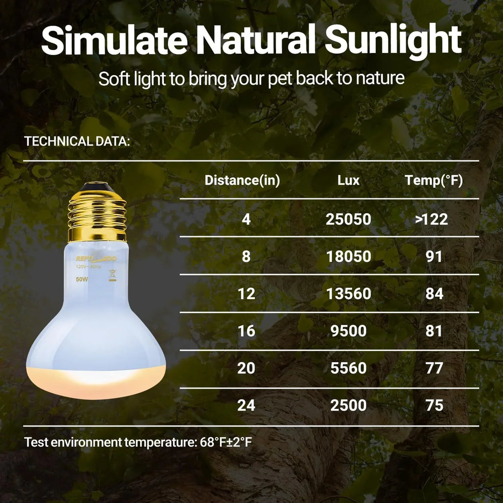 Full spectrum reptile UVB heat bulb with technical data chart on natural background