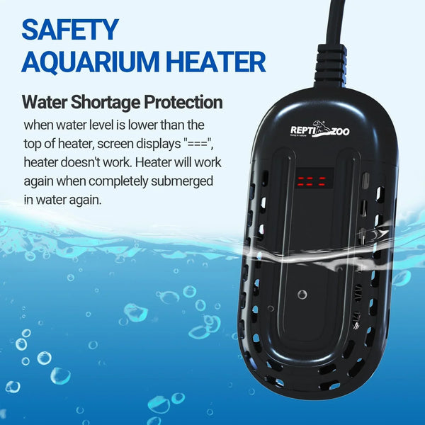Submersible aquarium heater with water shortage protection, black design, in water with bubbles.