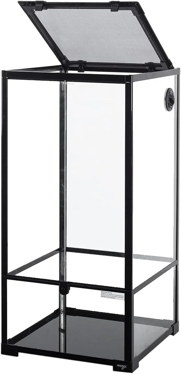 Tall glass reptile terrarium with black frame and mesh top, ideal for reptiles and amphibians.