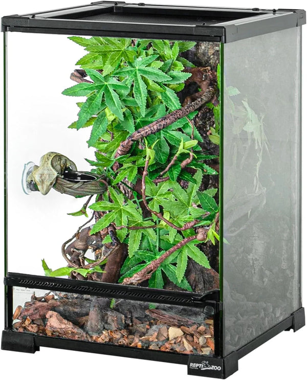 Glass reptile terrarium with ventilation, leafy branches, and substrate for chameleons or lizards