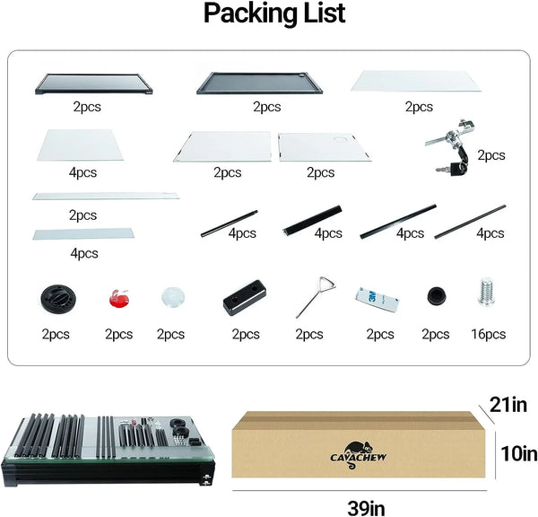 Reptile terrarium kit packing list with glass panels, frame parts, accessories, and box dimensions.