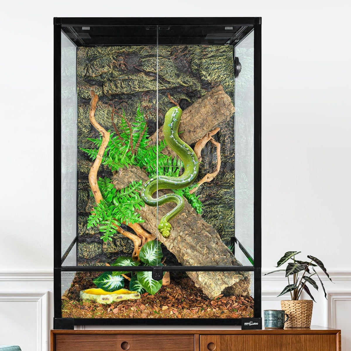 Large glass reptile terrarium with green snake, logs, branches, and lush artificial plants.