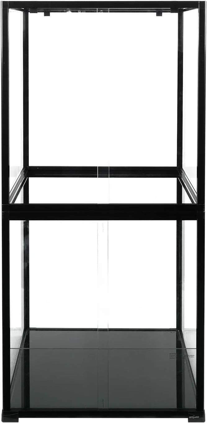 Tall glass reptile terrarium enclosure with black frame, empty and front-facing.