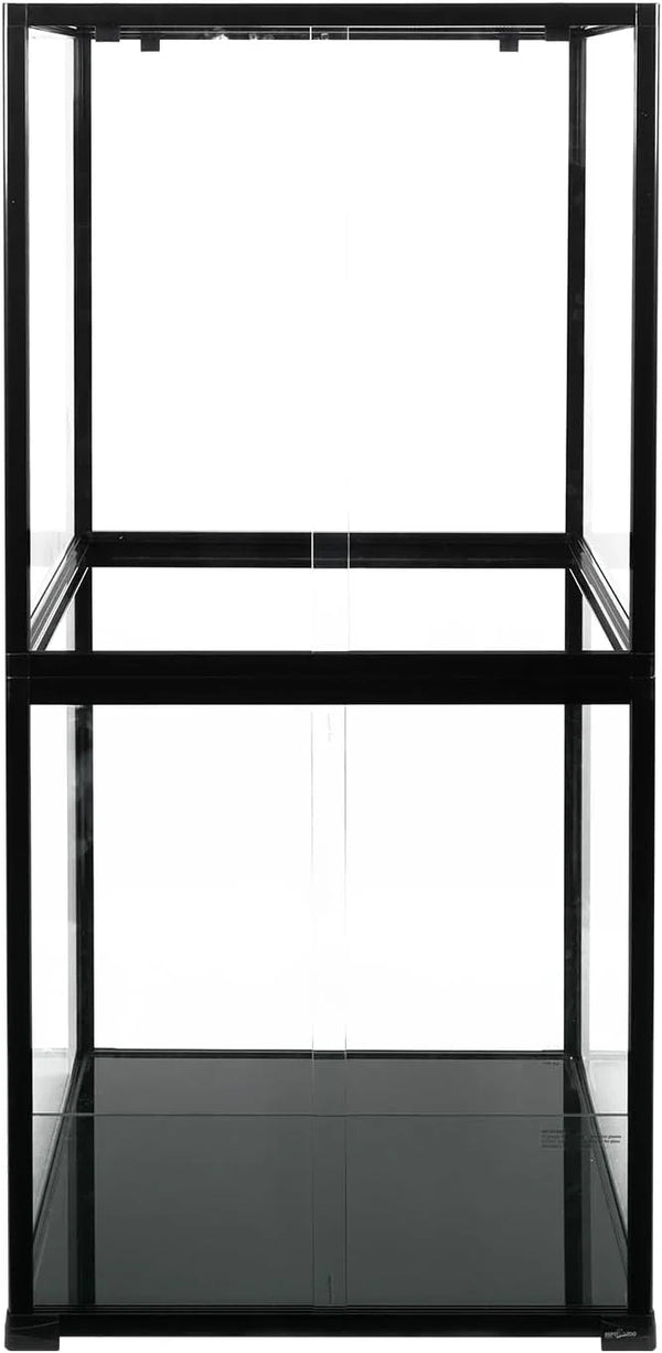 Tall glass reptile terrarium enclosure with black frame, empty and front-facing.