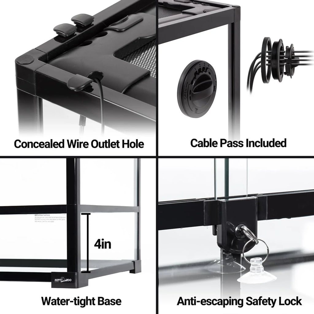 Reptile terrarium features: concealed wire outlet, cable pass, watertight 4in base, safety lock