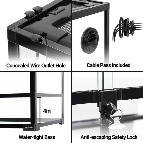 Reptile terrarium features: concealed wire outlet, cable pass, watertight 4in base, safety lock