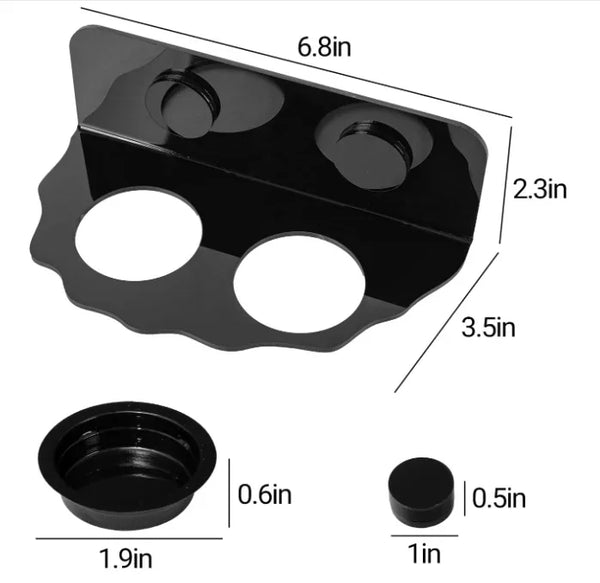 Black reptile terrarium feeder ledge with suction cups, round slots, and size dimensions shown.