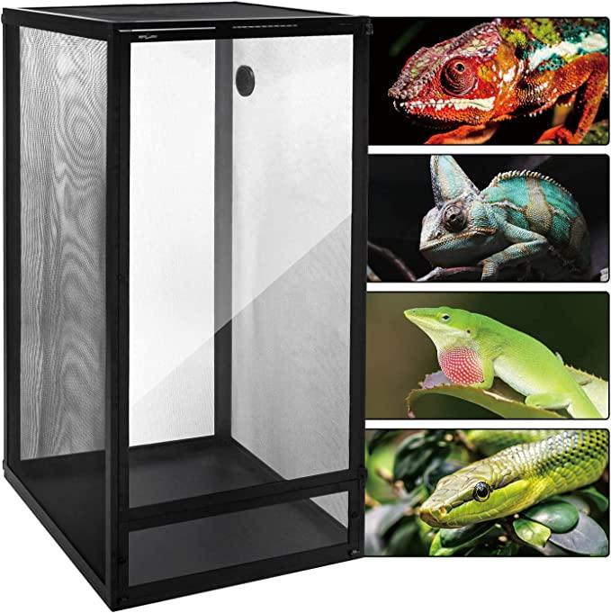 Black mesh reptile terrarium enclosure with images of chameleon, gecko, and snake