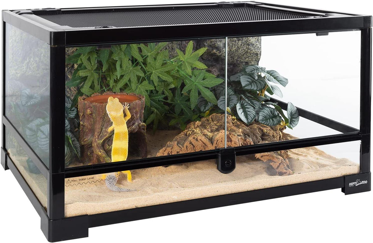 Glass reptile terrarium with sliding doors, sand substrate, artificial plants, and a yellow gecko.