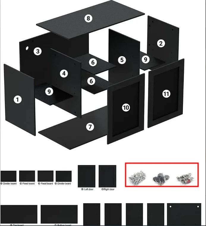 Exploded view of black reptile terrarium assembly parts and hardware, labeled for setup. Main image
