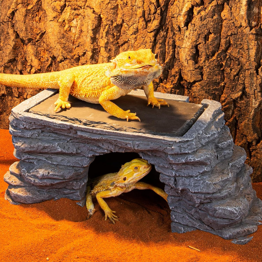 REPTI ZOO Reptile Hide Cave with Heat Storage Basking Platform