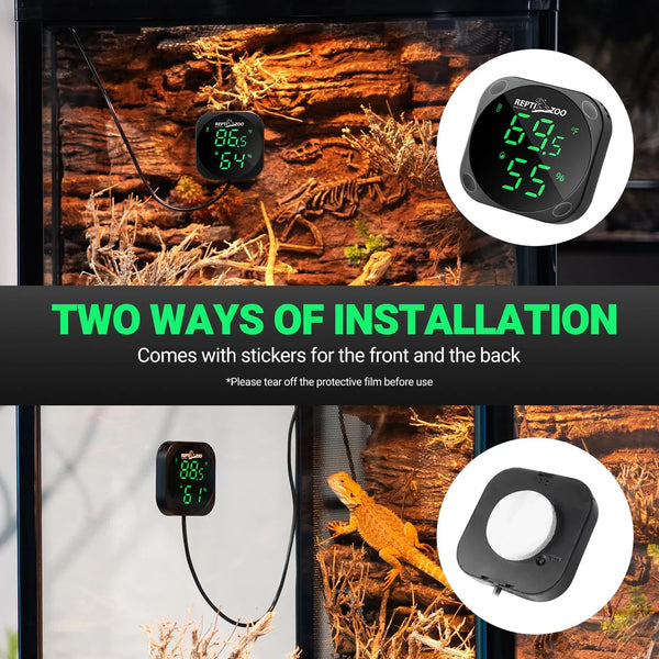 Digital reptile tank thermometer hygrometer with LED display, showing temperature and humidity readings, two installation options, suitable for terrariums.