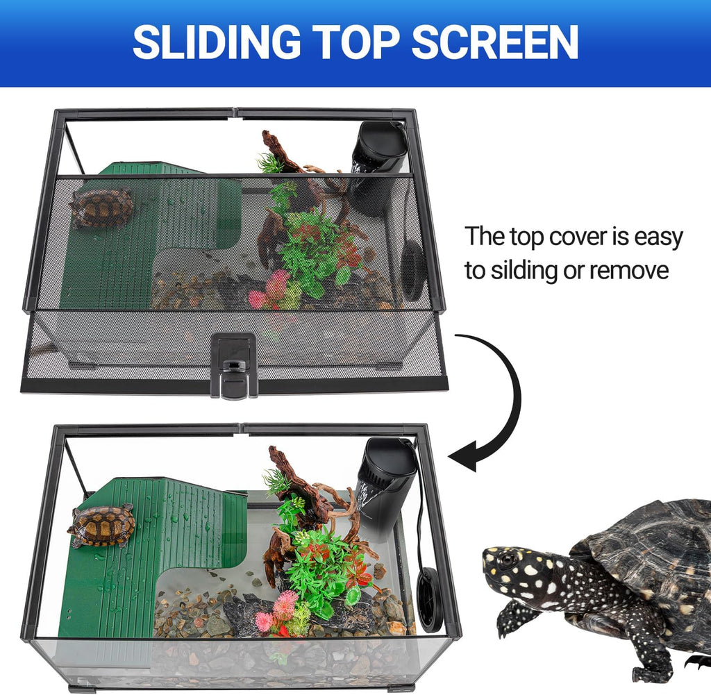 10 Gallon Turtle Tank 20" x 12" x 10" starter Kit with Drainage System, Turtle Basking Platform and Quiet Aquarium Corner Internal Filter