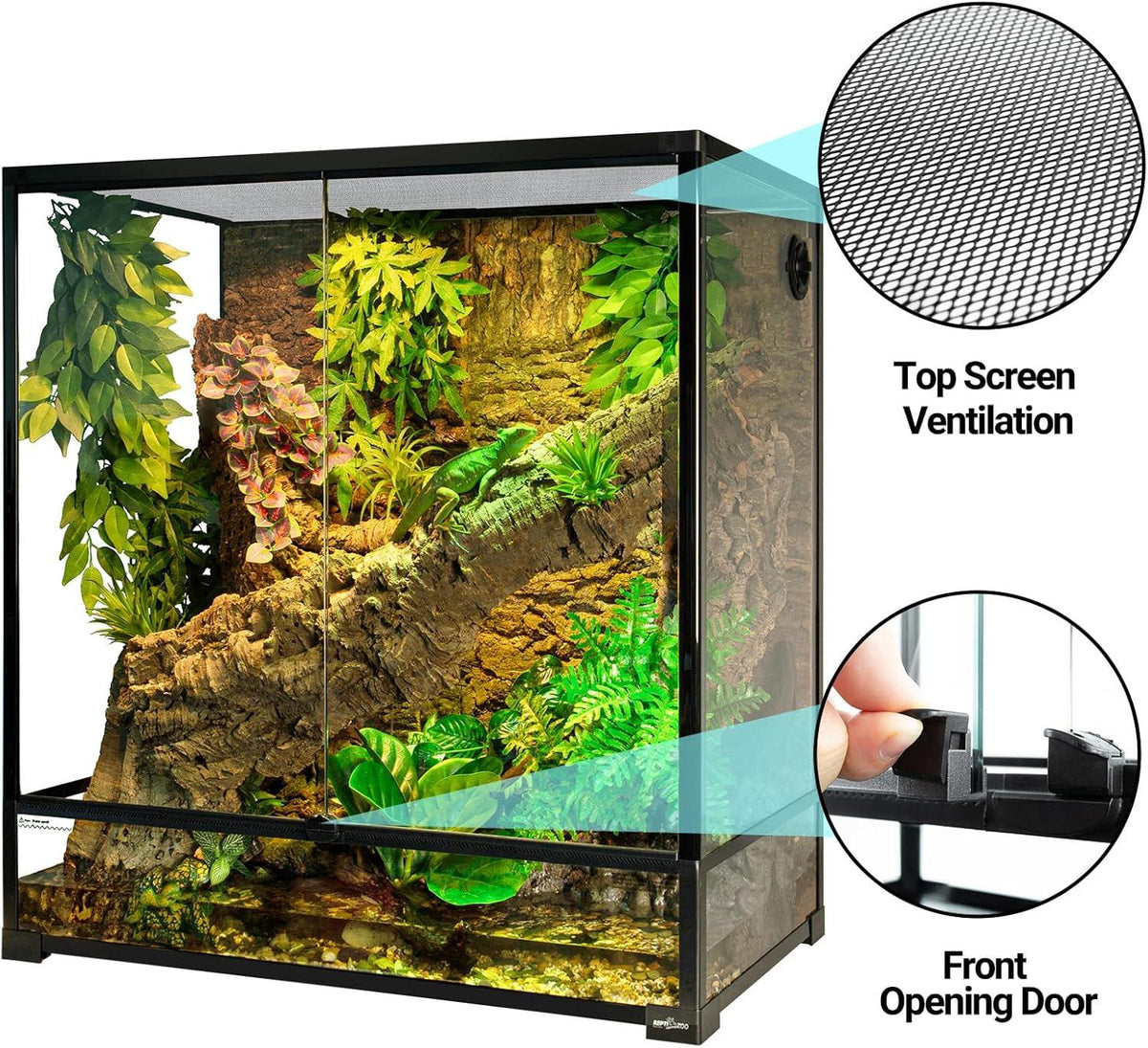 Glass reptile terrarium with top screen ventilation, front opening door, and lush décor