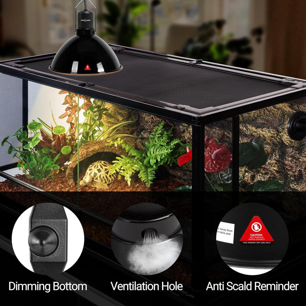 Glass reptile terrarium with plants, UVB heat lamp, ventilation hole, and dimming switch features.