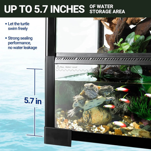 Reptile terrarium with turtle, fish, plants, 5.7 inch water area, leak-proof design