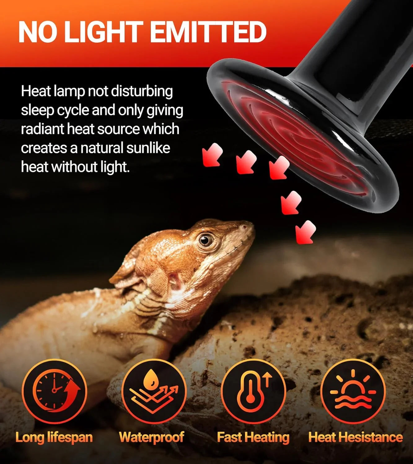 Ceramic reptile heat lamp with no light emitted, showing lizard basking on rock, heat benefits icons