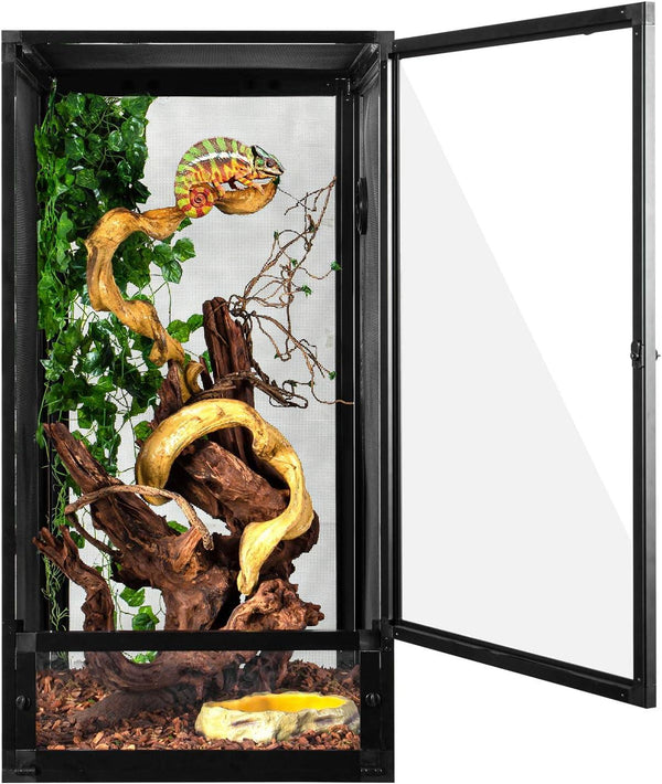 Reptile terrarium with mesh sides, vines, greenery, and a chameleon climbing inside.