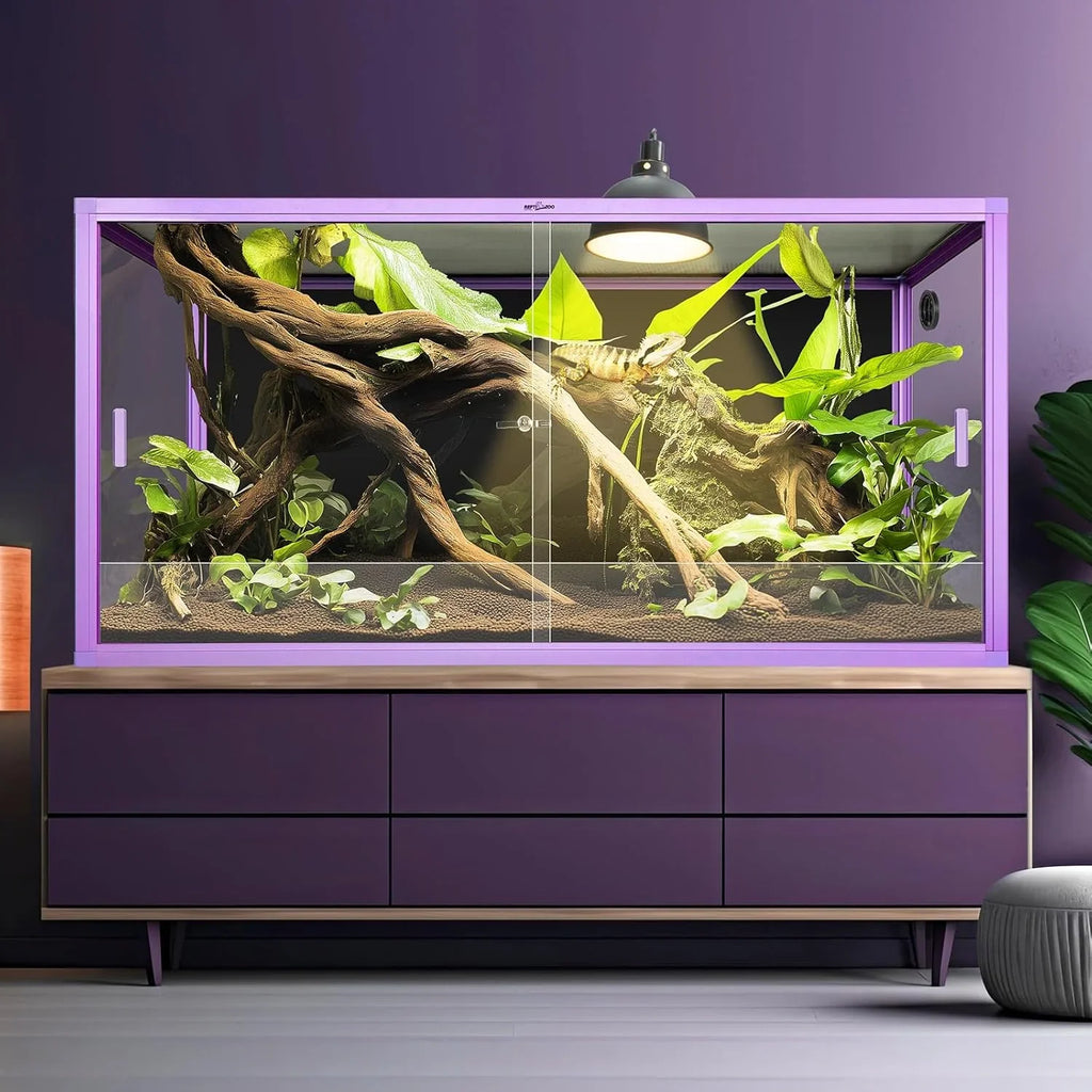 Large reptile terrarium with glass doors, plants, driftwood, and a UVB heat lamp setup.