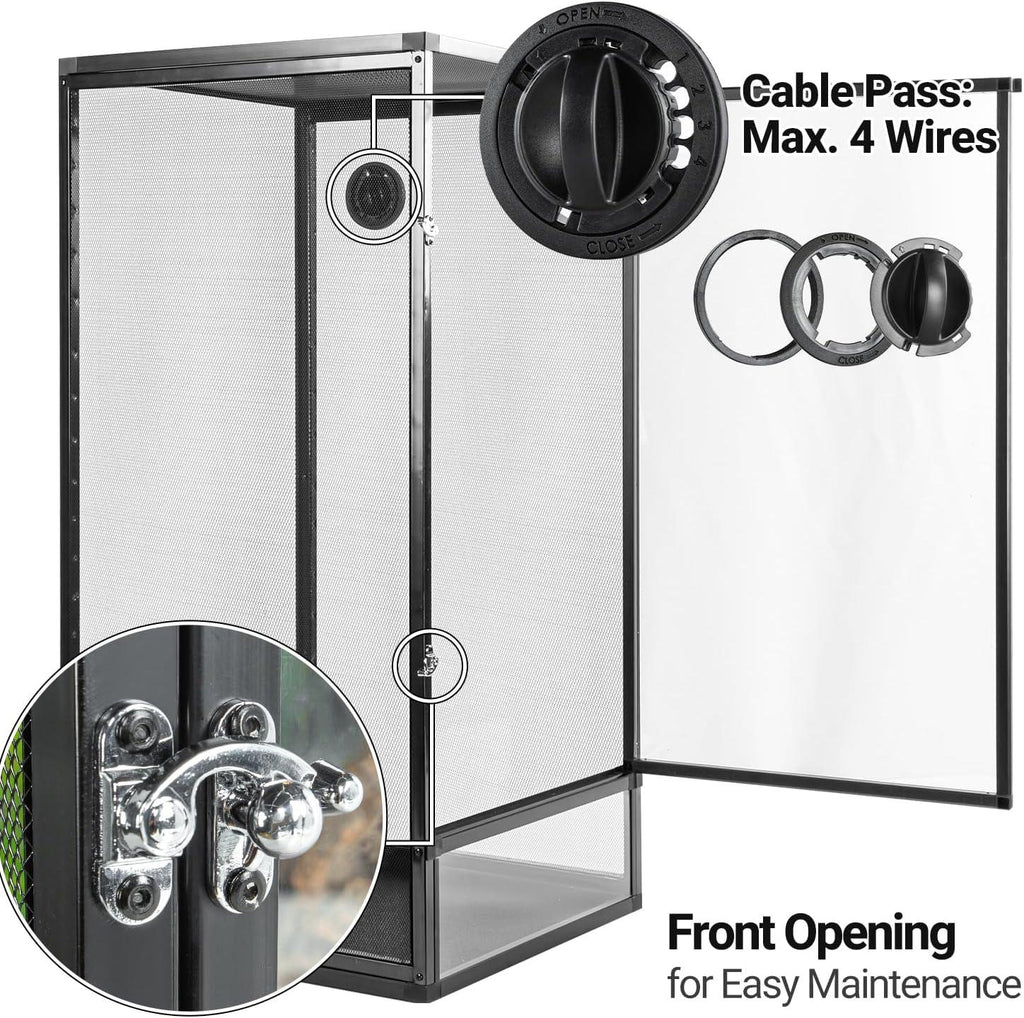 Screen reptile terrarium with front opening door, secure latch, and cable pass-through for wires