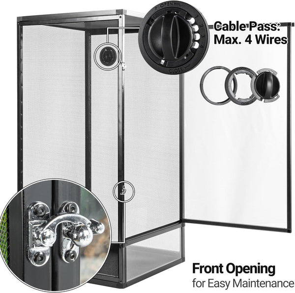 Screen reptile terrarium with front opening door, secure latch, and cable pass-through for wires
