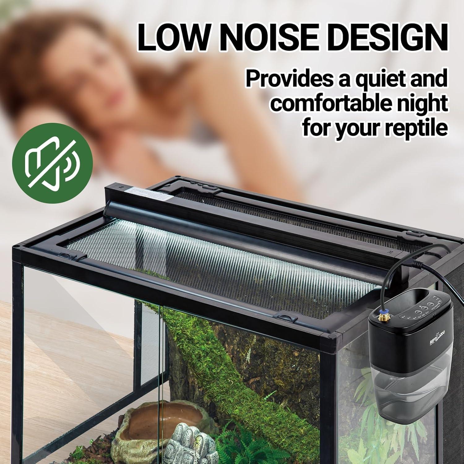 Low noise reptile terrarium with LED light and attached misting system for a quiet habitat