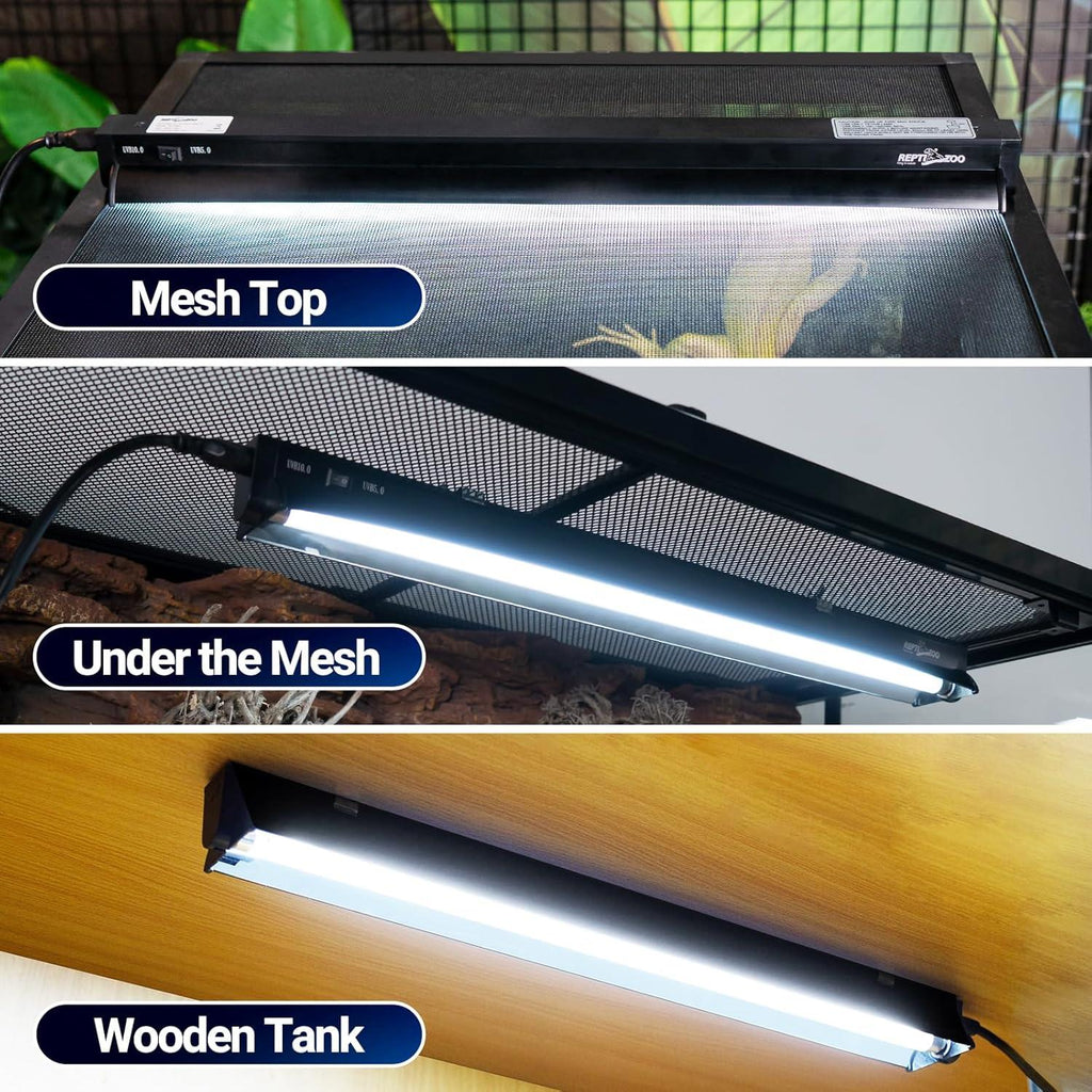 LED reptile terrarium light installed on mesh top, under mesh, and in wooden tank
