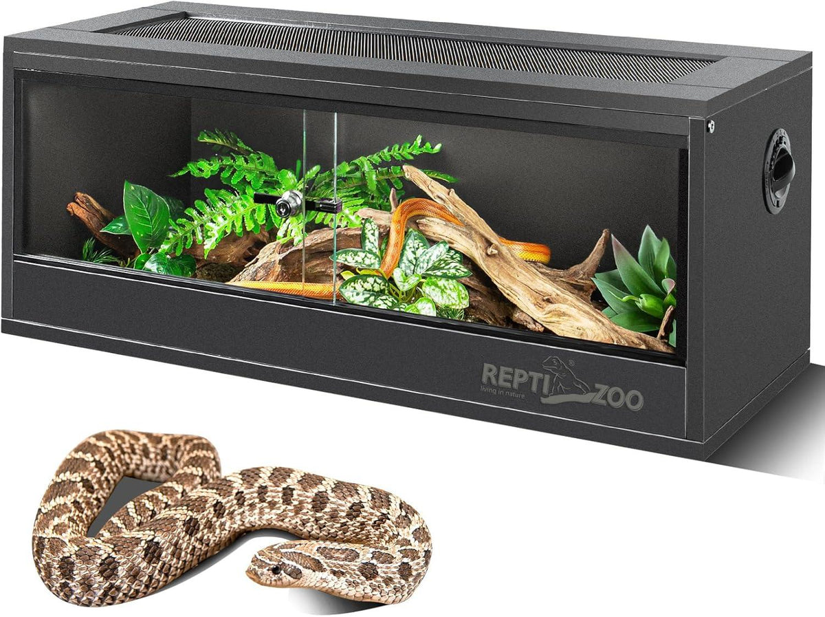 Glass reptile terrarium with plants, decor, and a snake, ideal for snakes or reptiles. Main image