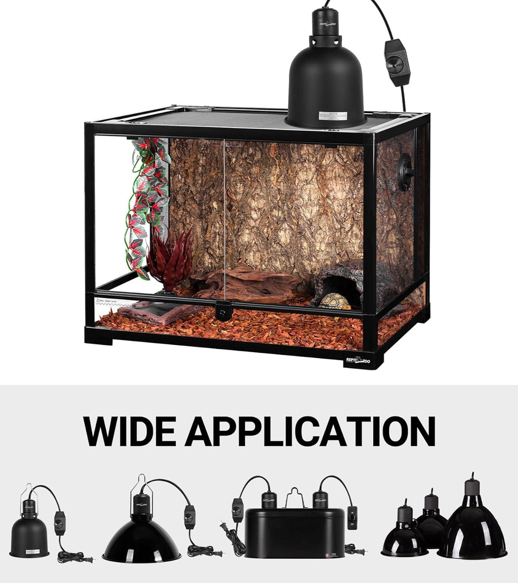 Reptile terrarium with dome heat lamp and textured background, wide lamp application shown below.
