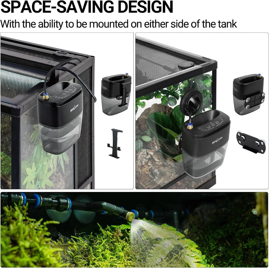 Automatic reptile terrarium misting system mounted on tank side, spraying plants, space-saving design.