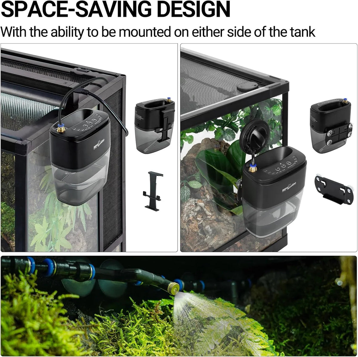 Automatic reptile terrarium misting system mounted on tank side, spraying plants, space-saving design.