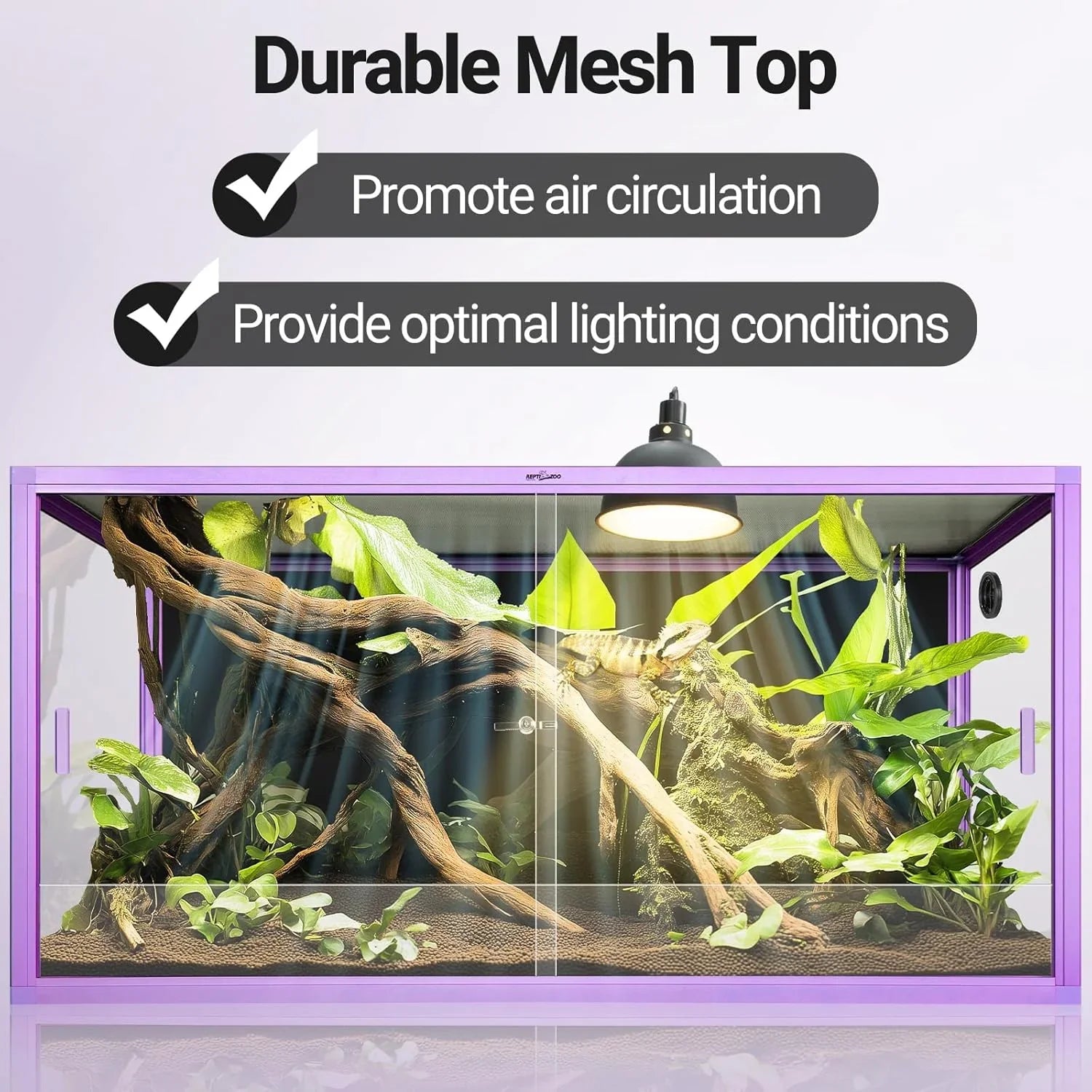 Purple framed reptile terrarium with mesh top, UVB lamp, and branches for climbing.