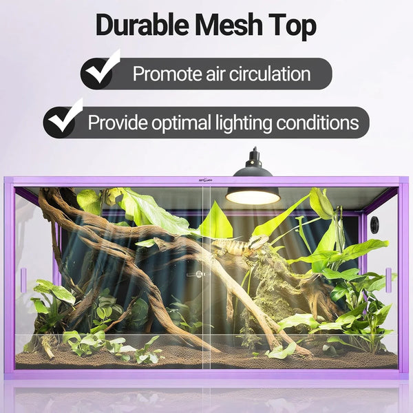 Purple framed reptile terrarium with mesh top, UVB lamp, and branches for climbing.