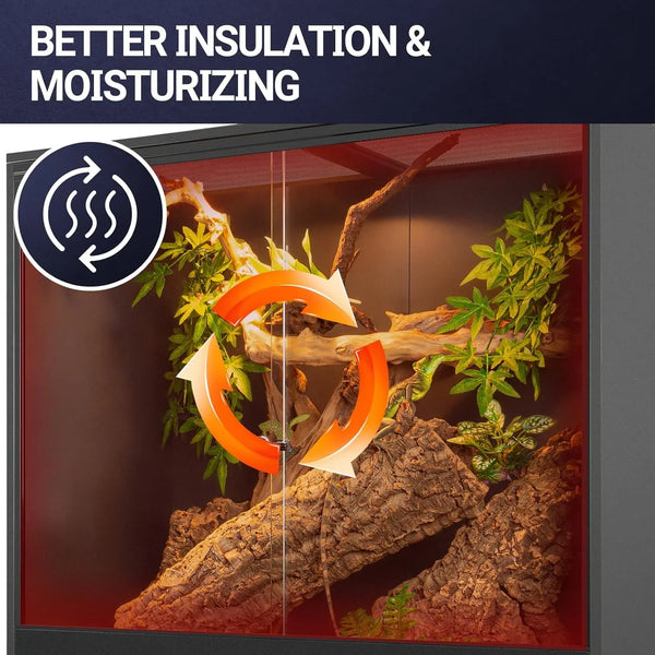 Glass reptile terrarium with plants and logs, highlighting insulation and humidity control.