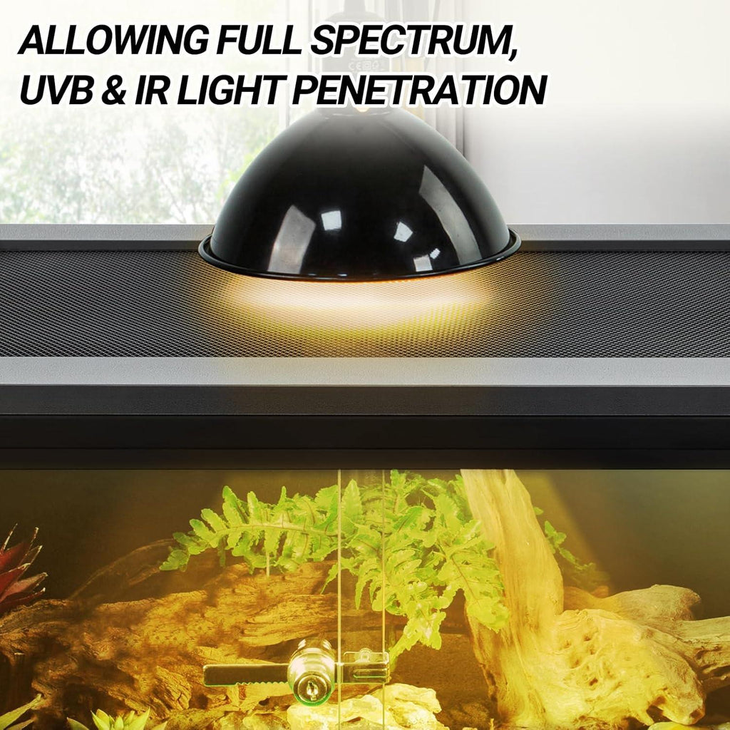 Black dome heat lamp on mesh screen lid of reptile terrarium with UVB light penetration