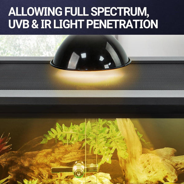 Mesh top reptile terrarium with dome heat lamp, showing UVB and IR light penetration