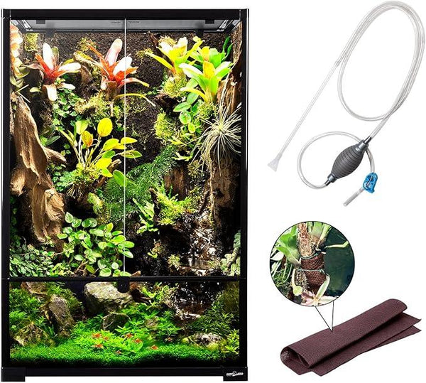 Glass reptile terrarium with live plants, siphon tube, and brown mesh wrap for vivarium setup