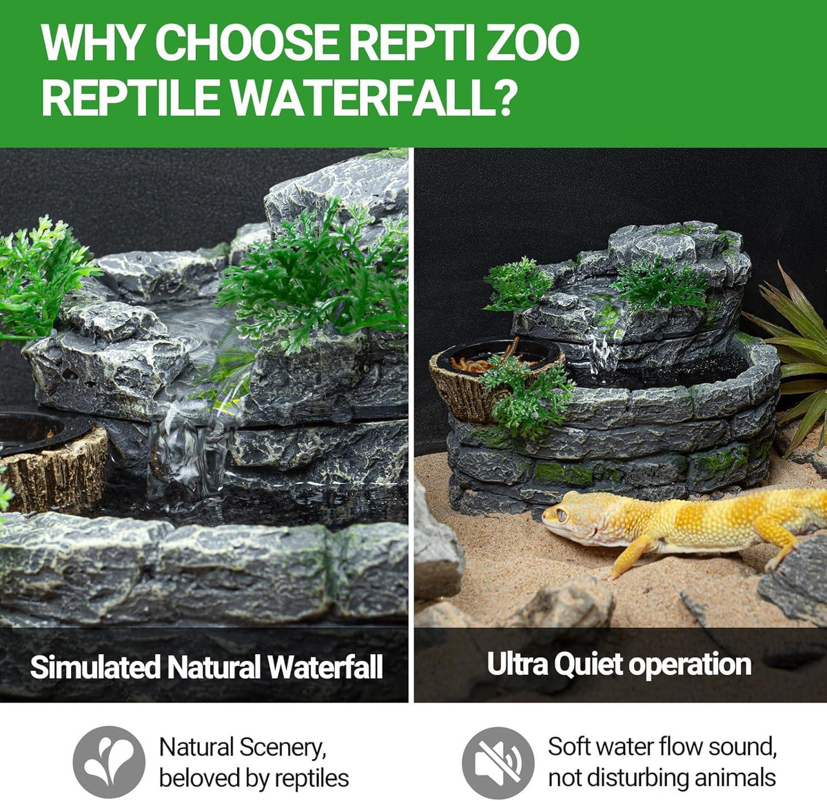 Artificial stone reptile waterfall for terrarium, simulated natural rock with greenery, lizard nearby