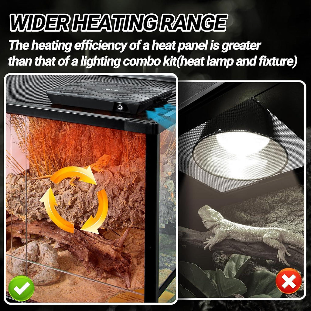 Reptile terrarium heat panel compared with heat lamp, highlighting wider heating range for reptiles.