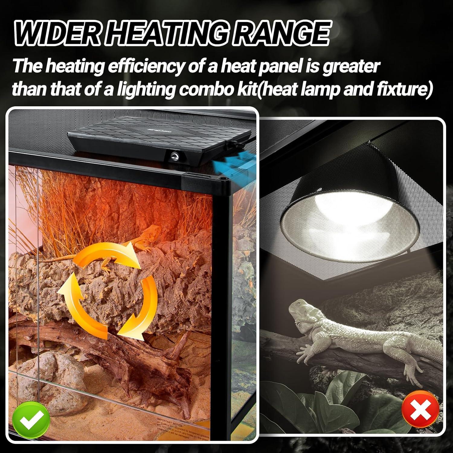 Reptile terrarium heat panel compared with heat lamp, highlighting wider heating range for reptiles.