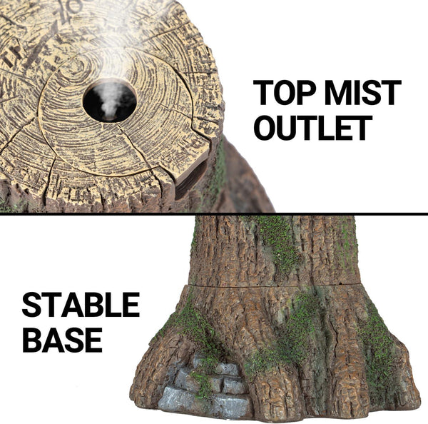 Tree trunk reptile terrarium misting ornament showing top mist outlet and stable base.